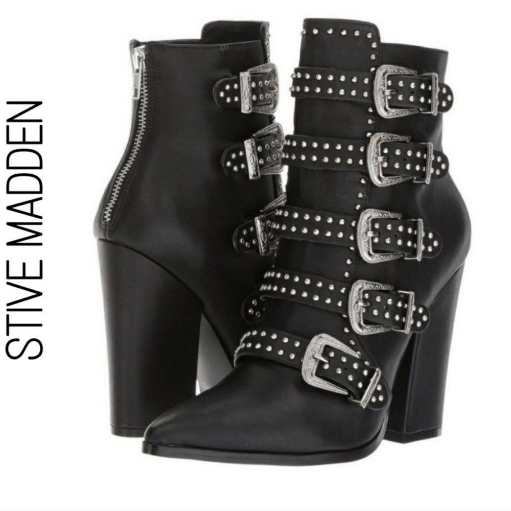 Steve Madden Comet Black Leather Buckle Booties